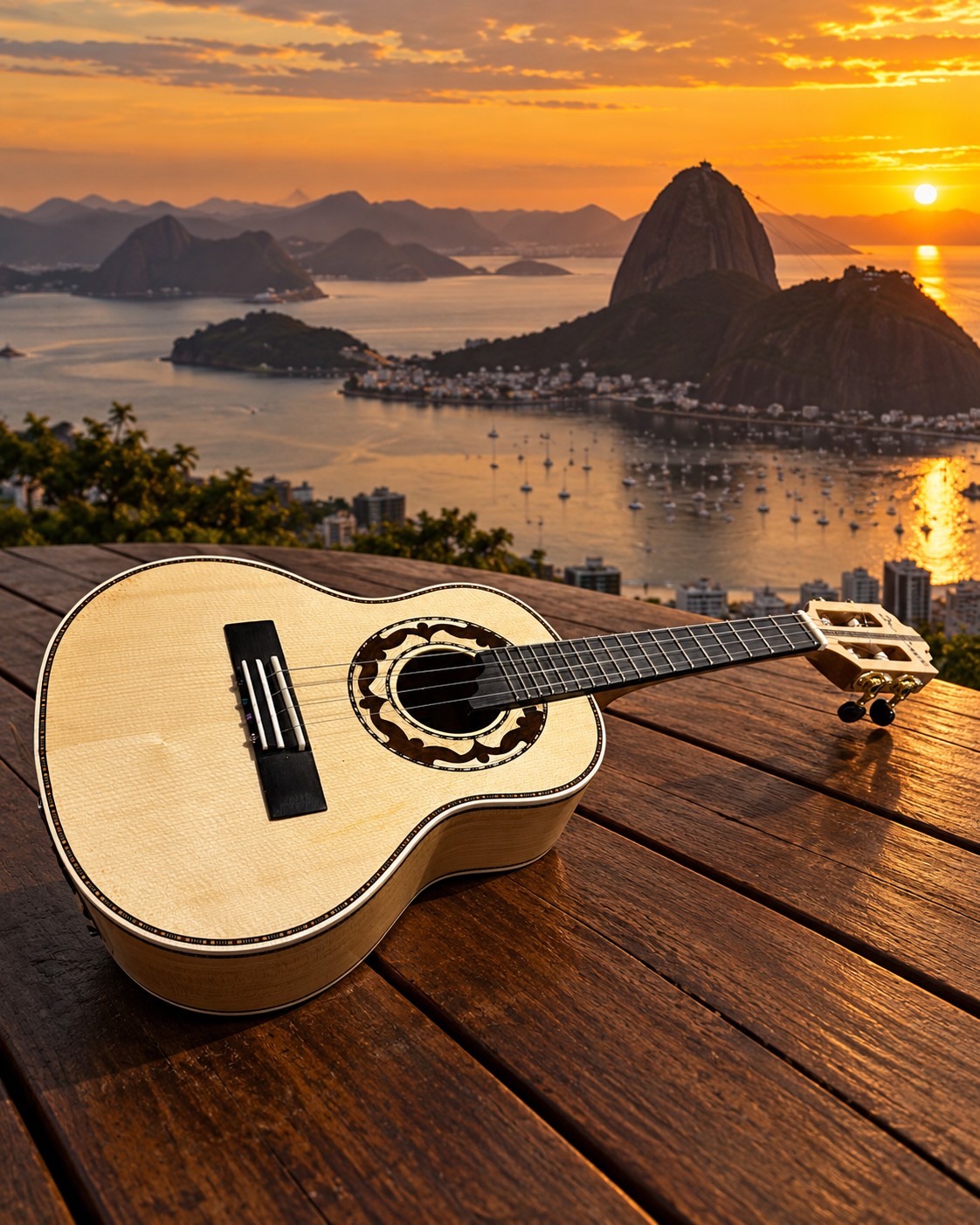 Composição do cavaquinho De Castro com o Pão de Açúcar e a Baía de Guanabara ao pôr do sol